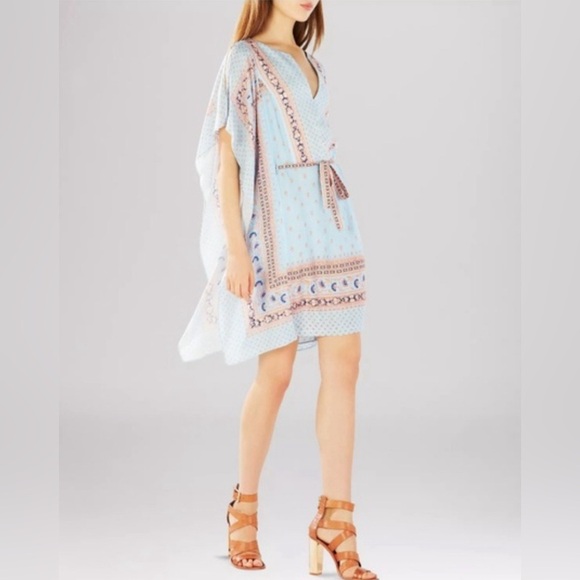 BCBGmaxazria Alexi Blue Peach Combo Print Kaftan Mini Dress Summer Resortwear S - Picture 2 of 11